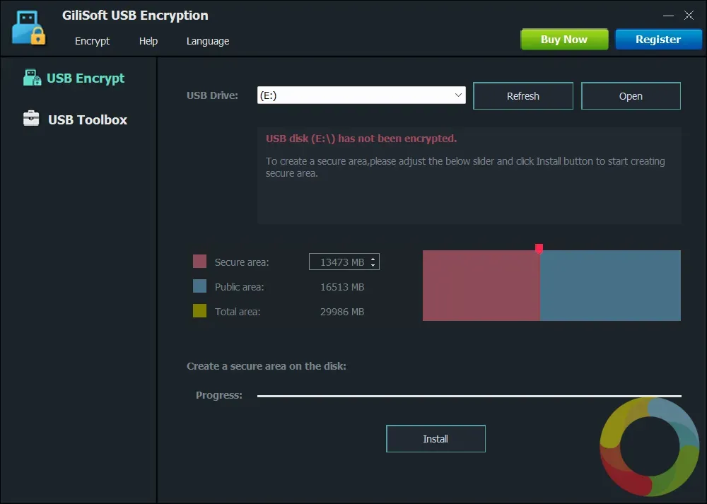 Gilisoft USB Encryption programının kullanıcı arayüzü ve şifreleme seçenekleri ekran görüntüsü