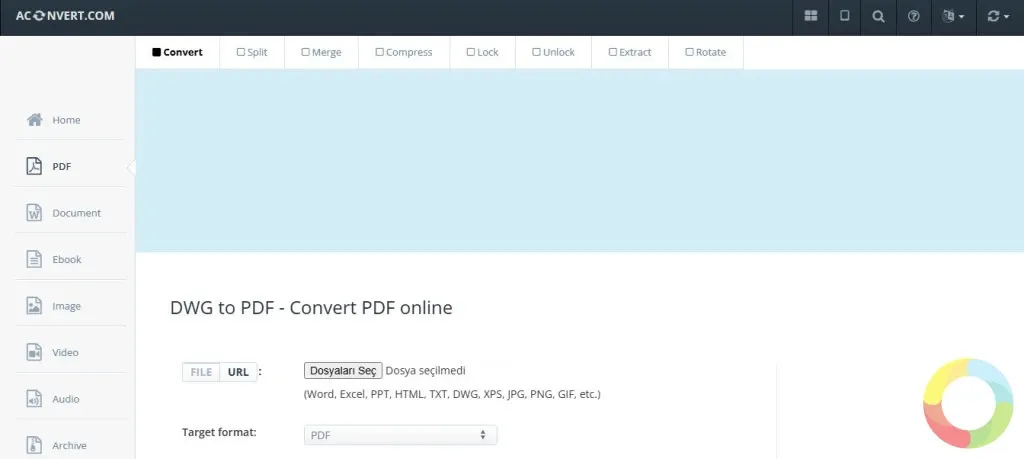 Aconvert online DWG to PDF toplu dönüştürme ve dosya içe aktarma arayüzü