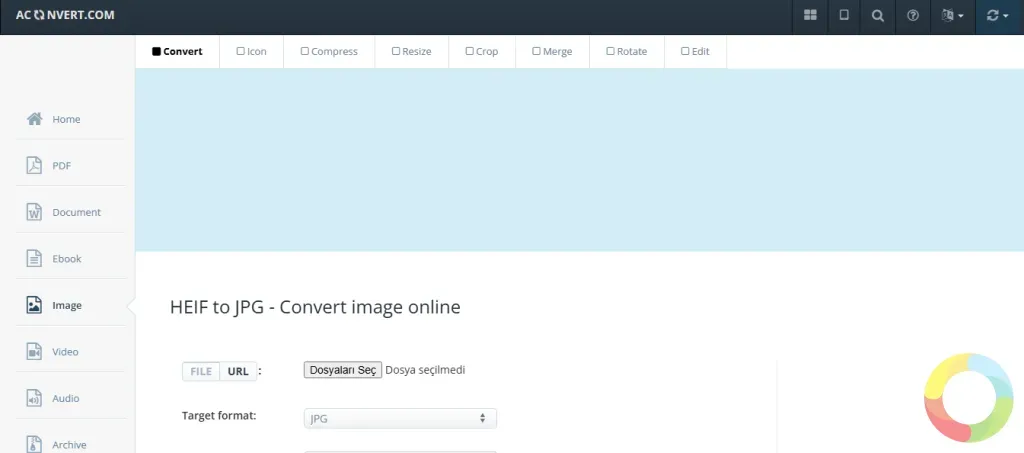 Aconvert.com sitesinde HEIC dosyasını JPG formatına dönüştürme ekranı