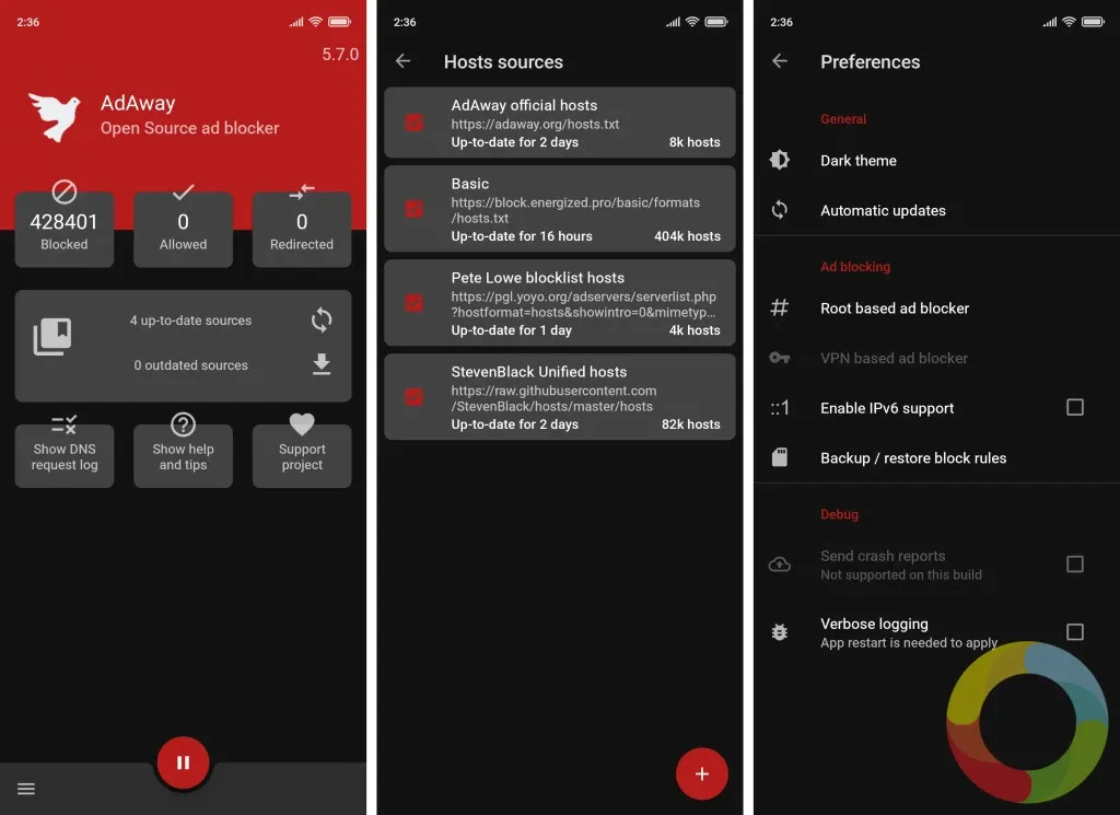 AdAway - AdAway Android reklam engelleyici uygulama arayüzü ve hosts dosyası yönlendirme ekranı