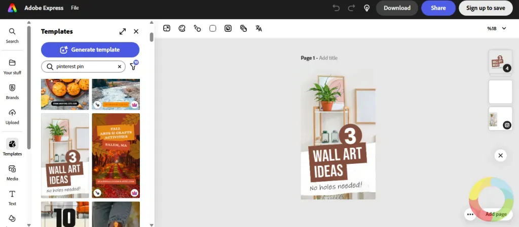 Adobe Express - Adobe Express Pinterest pin şablon düzenleme ekranı – ücretsiz online pin oluşturma aracı