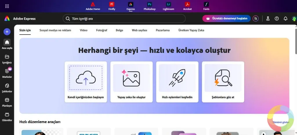Adobe Express arayüzü, şablonlar ve tasarım araçları ekran görüntüsü