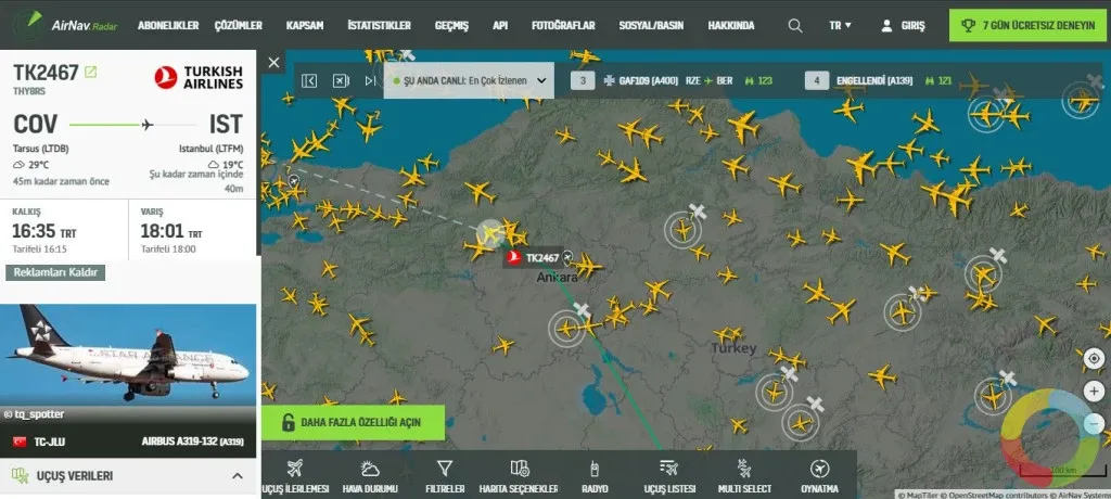 AirNav RadarBox canlı uçuş takibi ve gerçek zamanlı hava trafiği