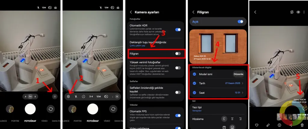 Android stok kamera uygulamasında tarih ve saat damgası ekleme ayarlarının yapıldığı ekran görüntüsü
