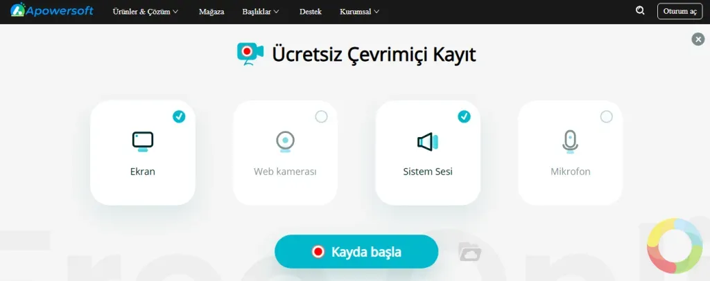 Apowersoft Ücretsiz Online Ekran Kaydedici web arayüzü ve video kayıt seçenekleri