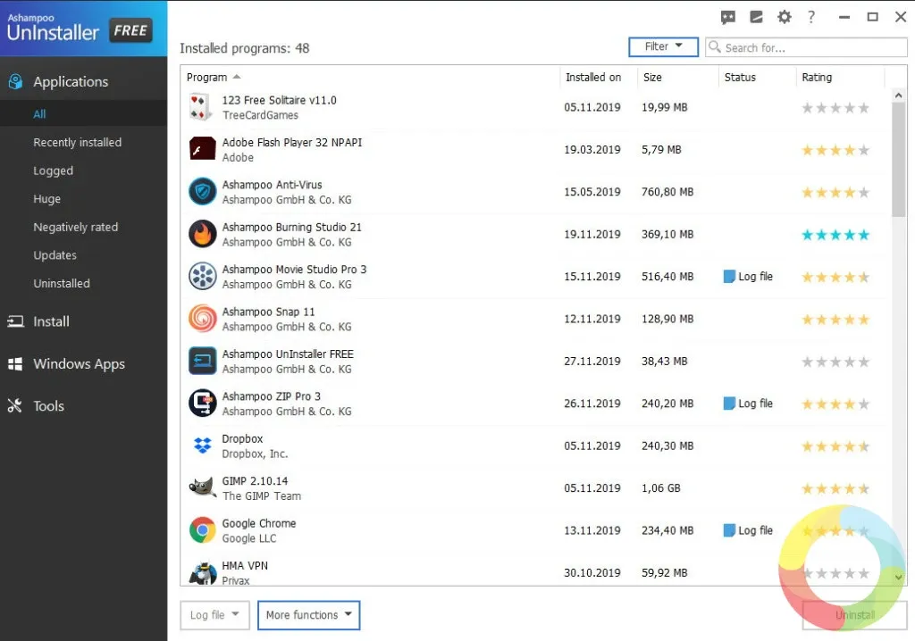 Ashampoo Uninstaller Free program kaldırma ve sistem temizleme araçları arayüzü ekran görüntüsü