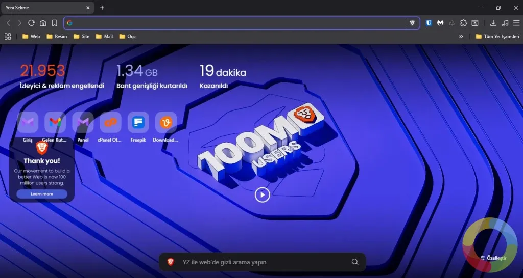 Brave internet tarayıcısı arayüzü ve entegre kripto cüzdanı