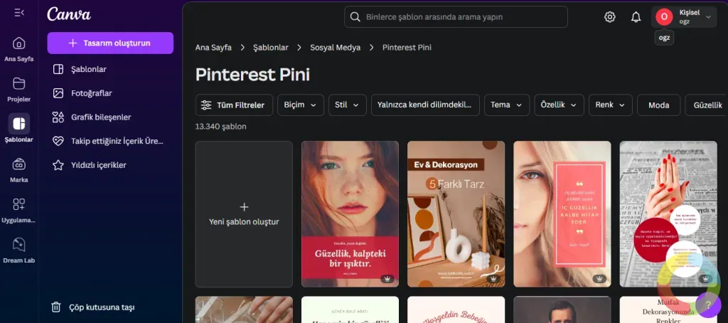 Canva - Canva arayüzünde Pinterest pin tasarlama ekranı – ücretsiz pin oluşturma aracı