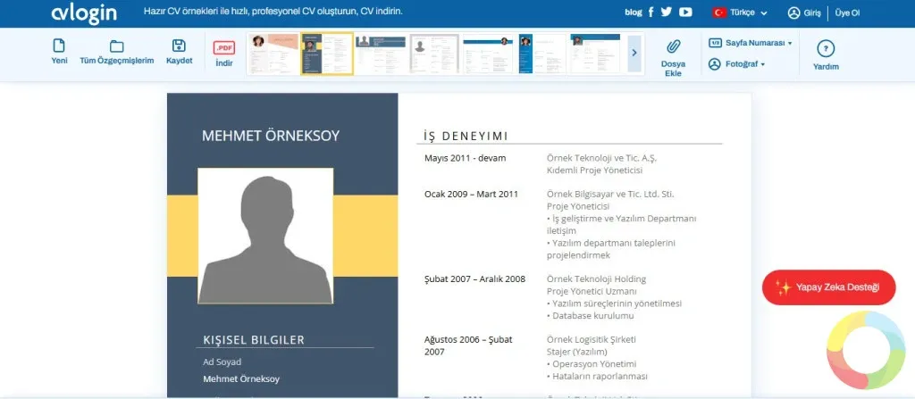 CVlogin platformunda hazır CV örnekleri ile profesyonel özgeçmiş hazırlama ekranı
