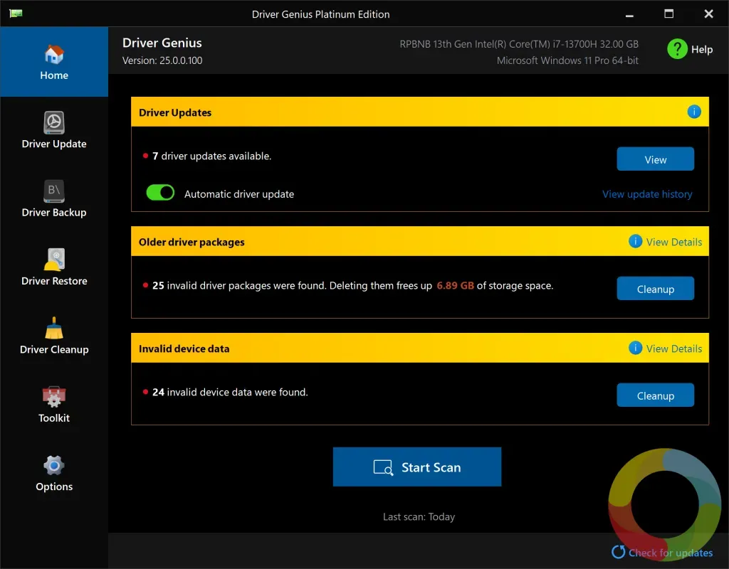 Driver Genius sürücü güncelleme ve sistem yönetim aracı arayüzü