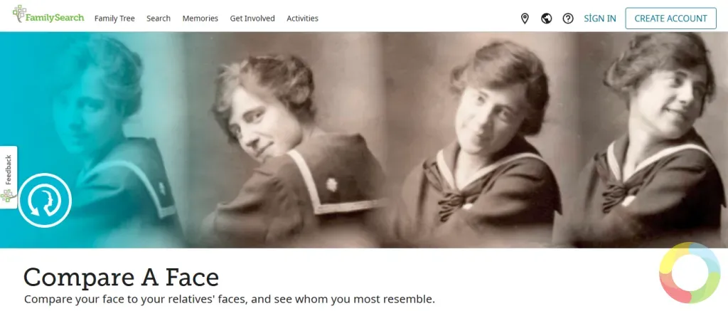 FamilySearch web sitesi aile ağacı arayüzü - yüz karşılaştırma özelliği, tarihi figürlerle benzerlik analizi