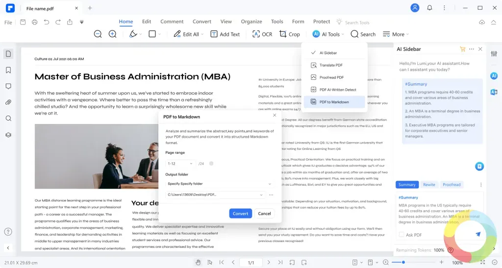 iSkysoft PDF dönüştürme ve redaction özelliklerinin kullanıcı arayüzü ekran görüntüsü