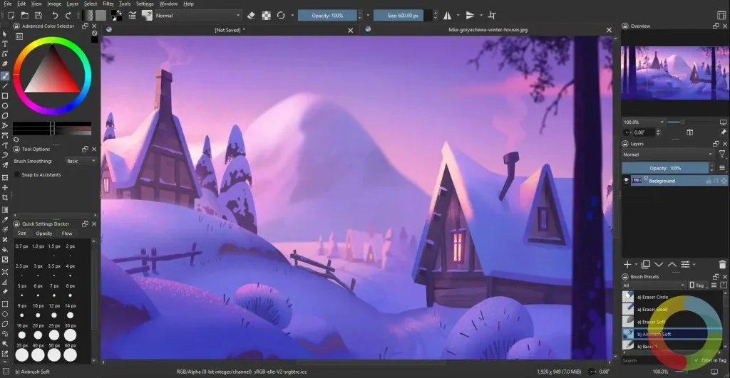 Krita arayüzü, fırça araçları ve vektör panel ekran görüntüsü
