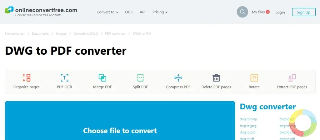 OnlineConvertFree DWG to PDF çevrimiçi dönüştürücü arayüzü ve dosya yükleme seçenekleri