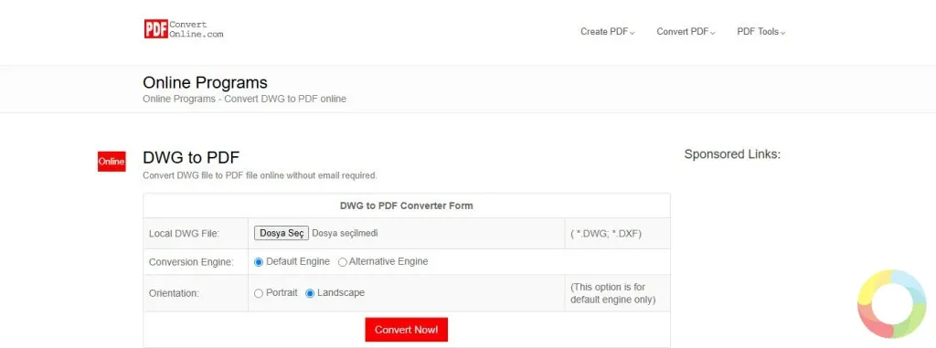 PDFConvertOnline DWG to PDF dönüştürücü arayüzü ve önizleme seçenekleri