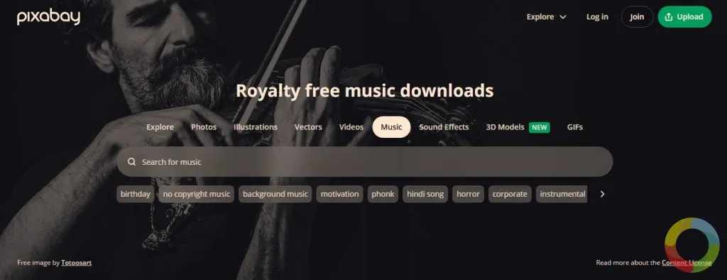 Pixabay telifsiz müzik platformu, podcast, video ve film projeleri için ücretsiz fon müzikleri sunar