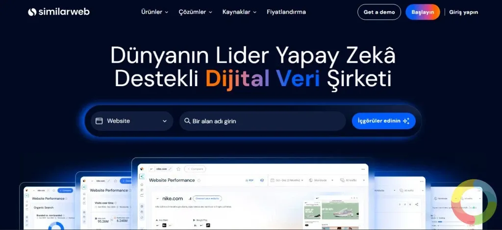 Similarweb arayüzü, web sitesi trafik analizi ve sıralama bilgilerini gösteren ekran görüntüsü