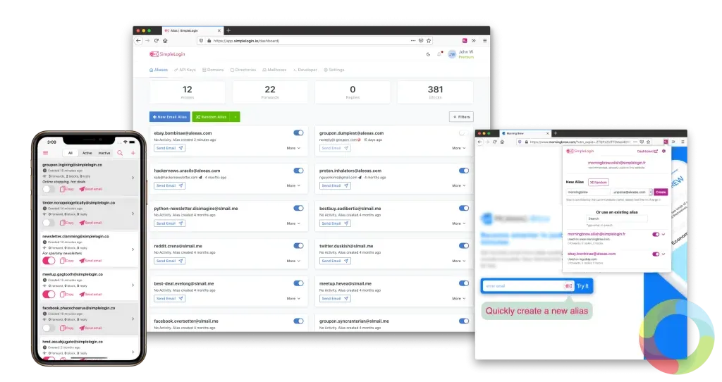 SimpleLogin - e-posta takma adı oluşturma arayüzü ile e-posta gizliliği ve spam koruması