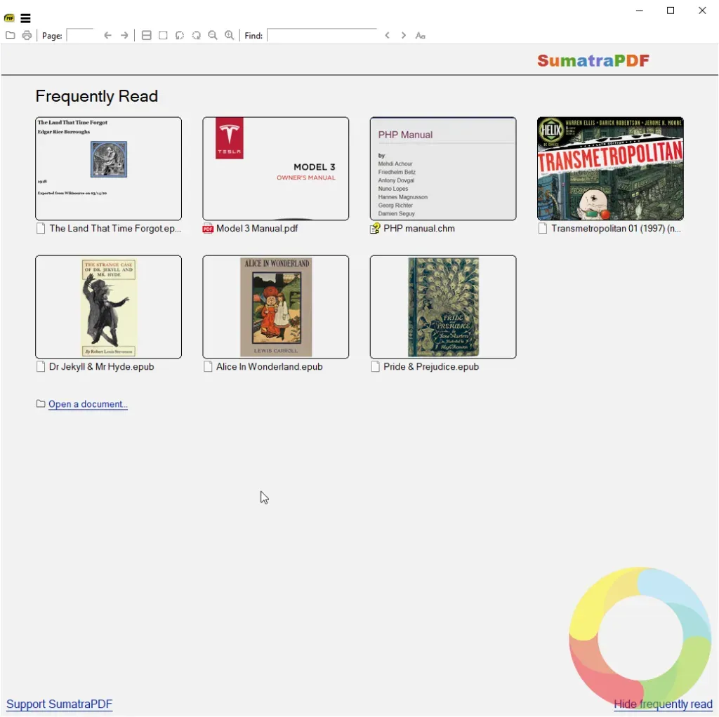 Sumatra PDF programının minimalist arayüzü ve desteklenen dosya formatları ekran görüntüsü
