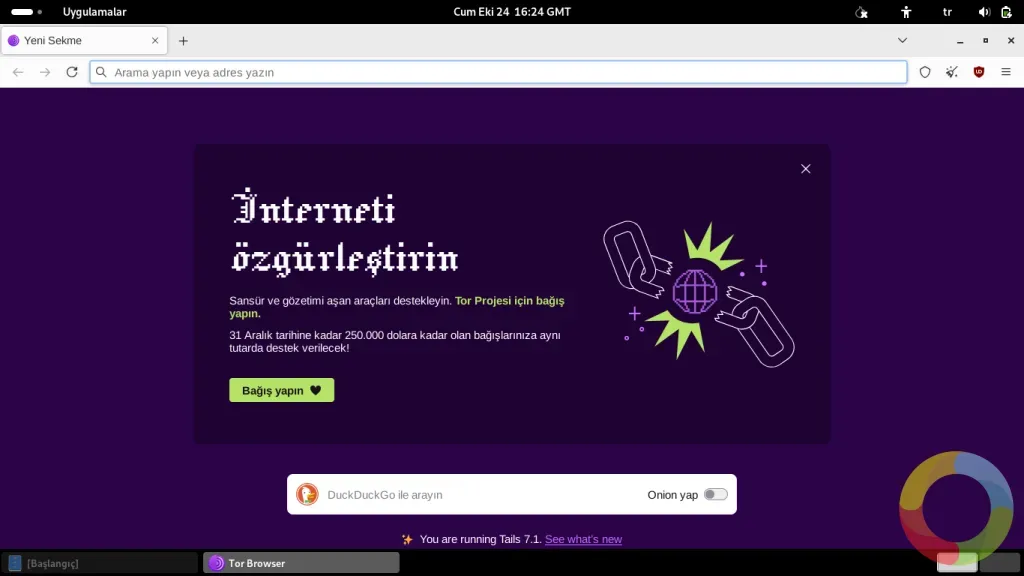 Tails OS kullanımı sırasında Tor ağı üzerinden güvenli internet bağlantısı sağlayan masaüstü görünümü