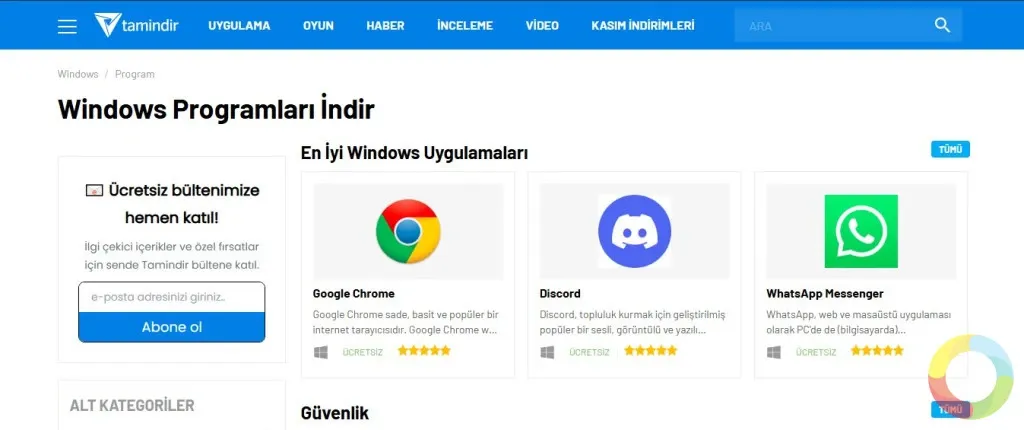 Tamindir.com ana sayfasının ekran görüntüsü, program kategorileri ve kullanıcı yorumlarıyla birlikte.