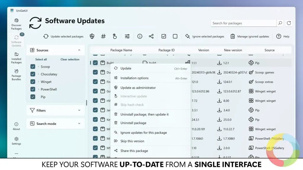 UniGetUI arayüzü – Windows için paket yöneticilerini birleştiren ücretsiz yazılım yönetim aracı