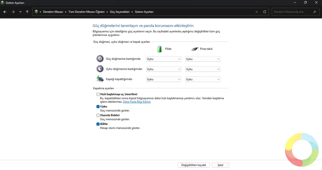 Windows güç seçeneklerinde hızlı başlatmayı kapatma adımlarının ekran görüntüsü