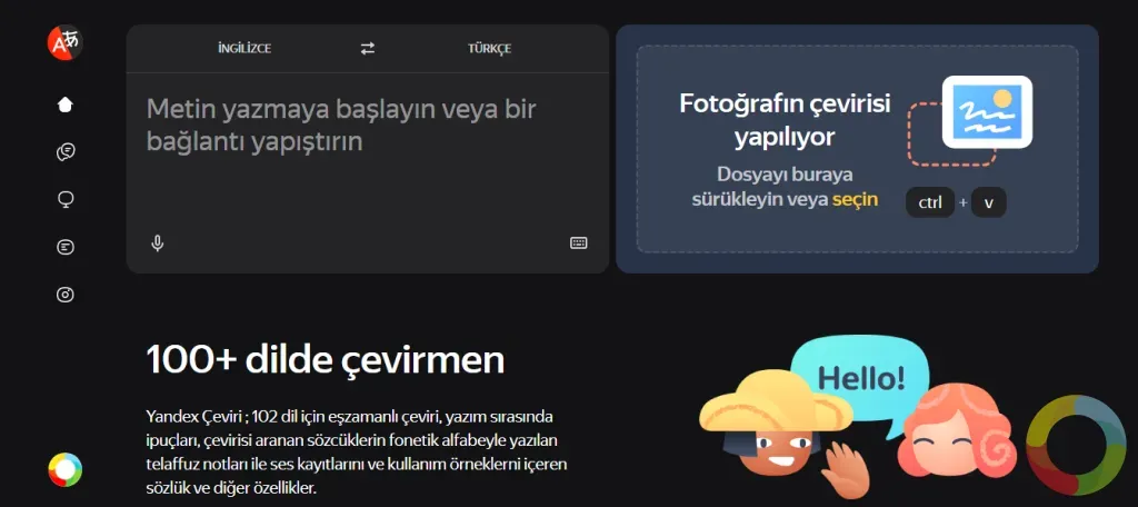 Yandex Çeviri - Yandex Çeviri arayüzü ve görüntüden metin çevirme özelliği