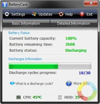 BatteryCare programı ekran görüntüsü, pil durumu, sıcaklık ve güç planı bilgilerini gösteriyor