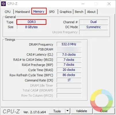 CPU-Z uygulamasında Bellek sekmesi ile RAM türü, boyutu ve hızını kontrol etme ekran görüntüsü