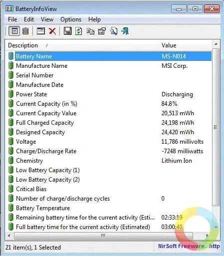 BatteryInfoView programı ekran görüntüsü, pil bilgilerini ve log penceresini gösteriyor