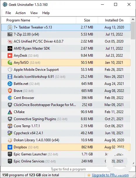Geek Uninstaller program kaldırma ve Zorlu Kaldırma özellikleri arayüzü ekran görüntüsü