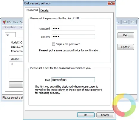 USB Flash Security programı ile şifrelenmiş USB sürücü ve yönetim ekran görüntüsü