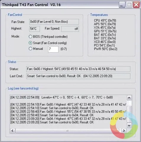 TPFanControl - TPFanControl arayüzü ve CPU fan hızı ile sıcaklık kontrol seçenekleri ekran görüntüsü