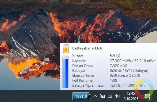 BatteryBar ekran görüntüsü, pil seviyesi ve sağlık durumunu gösteriyor