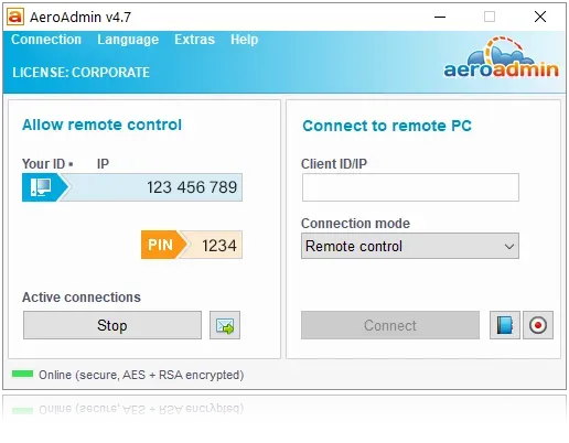AeroAdmin taşınabilir ücretsiz uzaktan erişim programı arayüzü