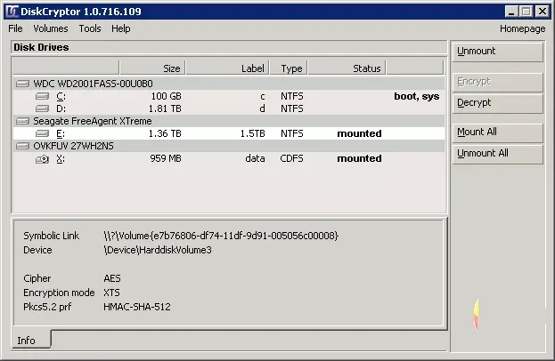 DiskCryptor ile şifrelenmiş disk bölümleri ve şifreleme yönetim ekranı