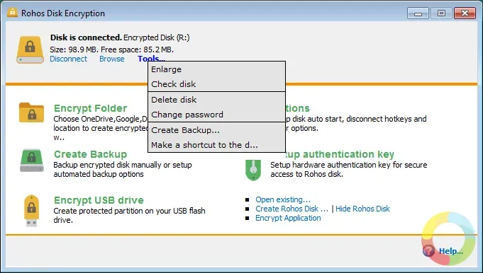 Rohos Disk Encryption ile şifrelenmiş USB ve bilgisayar bölümleri ekran görüntüsü