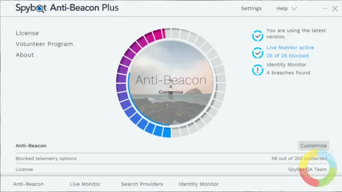 Anti-Beacon Windows gizlilik aracı arayüz ekran görüntüsü