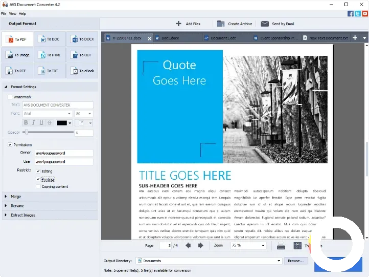 AVS Free Document Converter ile PDF dosyasına metin filigranı ekleme arayüzü