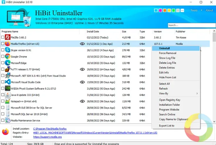HiBit Uninstaller program kaldırma arayüzü ve sistem temizleme özellikleri ekran görüntüsü