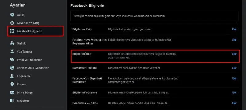 Facebook - Bilgilerinin bir kopyasını saklamak veya başka bir hizmete aktarmak için indir.