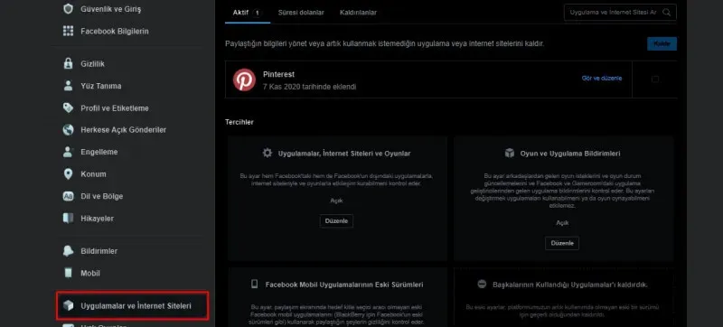 Facebook - Uygulamalar ve İnternet Siteleri