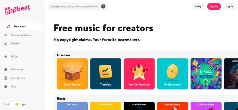 Uppbeat - YouTube, TikTok, akış, sosyal medya, podcast'ler ve daha fazlası için en iyi telif hakkı olmayan müziği indirin.