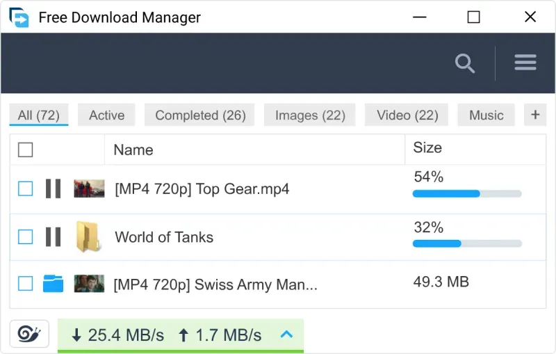 Free Download Manager - Windows, macOS, Android ve Linux için güçlü, modern bir indirme hızlandırıcısı ve düzenleyicisidir.
