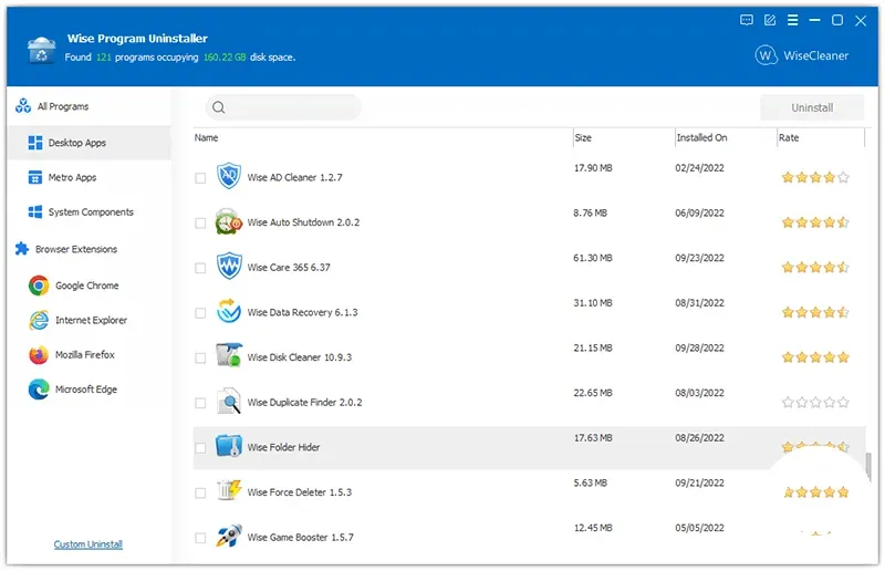 Wise Program Uninstaller program kaldırma ve zorla kaldırma özellikleri arayüzü ekran görüntüsü