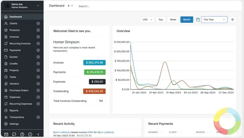 Invoice Ninja uygulaması ekran görüntüsü – profesyonel fatura oluşturma ve ödeme takip paneli