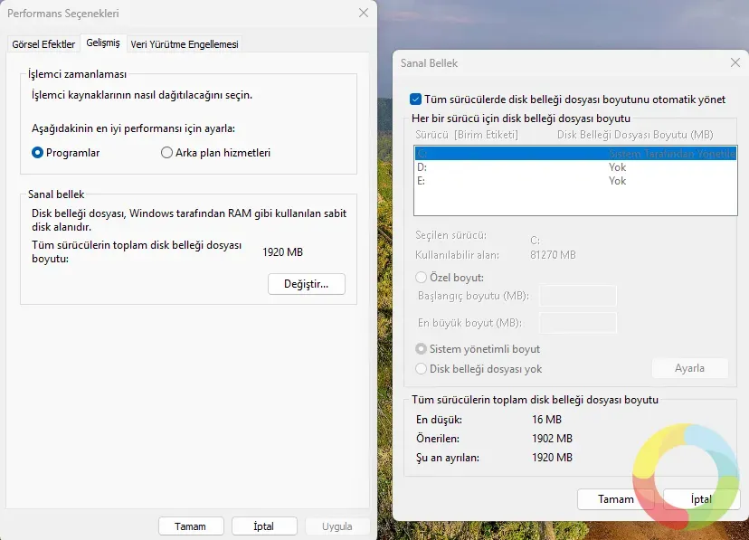 Windows sanal bellek ve sayfalama dosyası ayarları ekran görüntüsü