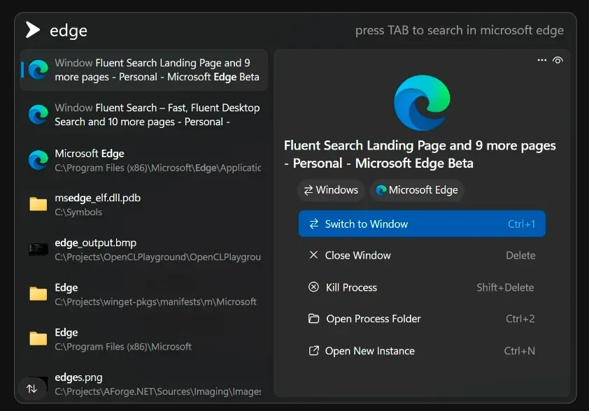 Fluent Search hızlı ve gelişmiş Windows arama aracı