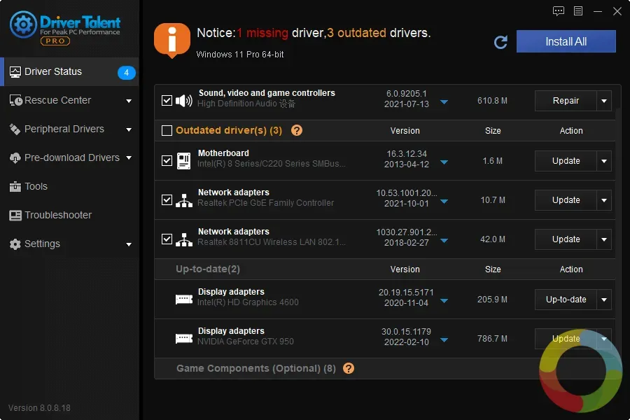 Driver Talent sürücü güncelleme programı arayüzü
